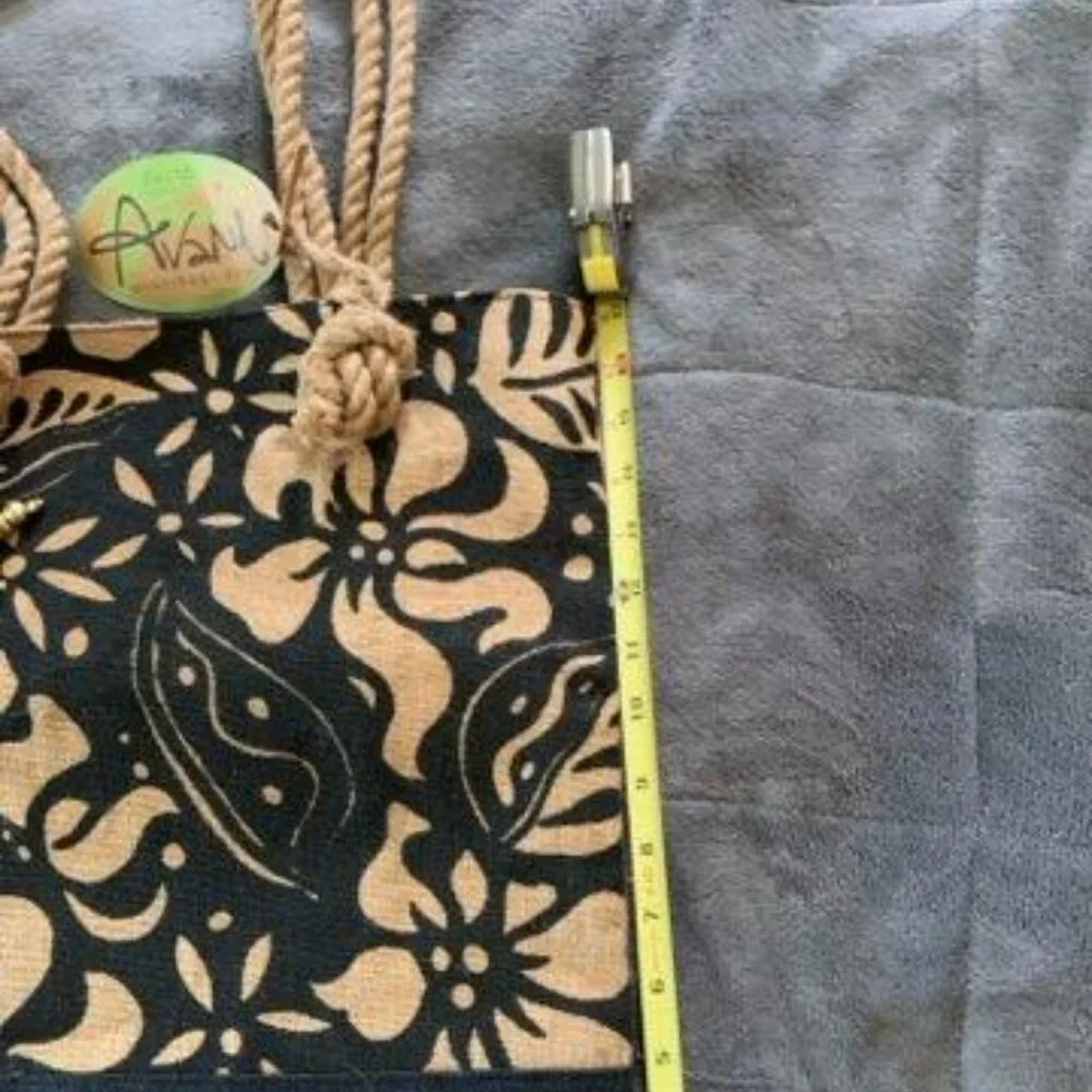 Avani Black Beige Sun N Sand Artisan Tropical Floral Roped Tote Bag New